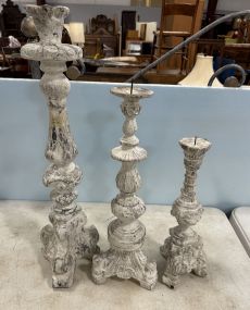 Three White Painted Tall Candle Holders