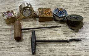 Group of Pill Boxes, Clock, and Drill