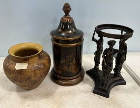 Modern Container, Figural Stand, and Glass Vase