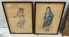 Framed Cross Stitch of Blue Boy and Young Girl