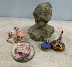 Plaster Bust, Pill Boxes, Paper Weight, and Rabbit