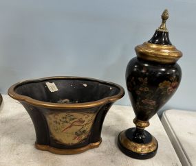 Two Modern Black and Gold Resin Planter and Urn