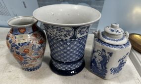Three Piece Chinese Blue and White Porcelain Vases