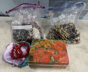 Group of Beaded Costume Jewelry Necklaces and Box
