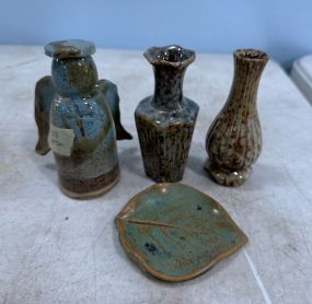Two Ceramic Vases, Signed Angela and Leaf Dish
