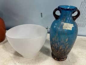 Art Glass Blue Vase and White Glass Vase