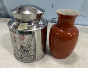 Chinese Metal Canister and Red Pottery Flower Vase
