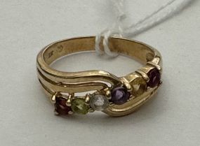 10k Gold Mixed Gemstone Waved Ring Band Size 8