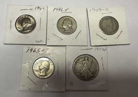 1967 Quarter, 1946-P Quarter, 1908-O Barber Quarter Dollar, and 1965-P Quarter, 1917-P Walking Liberty Half Dollar