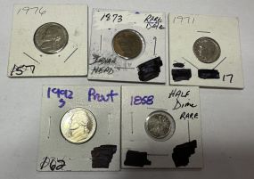 1976 Nickel, 1873 Indian Head, 1971 Dime, 1992 Proof Nickel and 1858 Half Dime