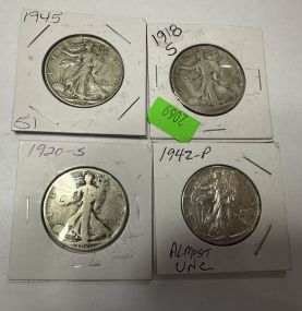 1945, 1918-S, 1920-S, and 1942-P Walking Liberty Half Dollar