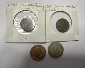 United Kingdom 20 Pence, One Penny, 1930 Lincoln Penny, and 1906 Indian Head Penny