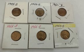 1945-S, 1942-S, 1952-S, 1955-P, 1955-P, and 1949-S Lincoln Pennies