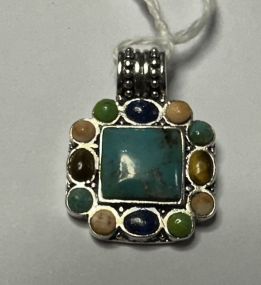 .925 Sterling Turquoise + Colorful Framed Pendant