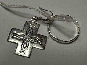 Sterling Ring and Sterling fish Cross Earring