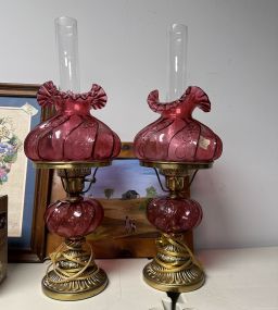 Pair of Vintage Fenton Pink Globe Lamps