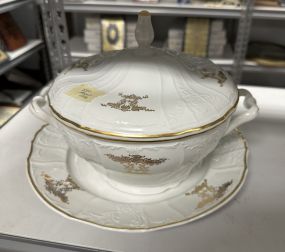 Czech Gold and White Porcelain Tureen and Underplate