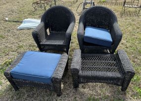 Pair of Resin Wicker Style Chairs and Ottomans