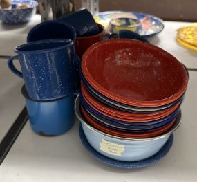 Group of Speckled Metal Cups and Bowls