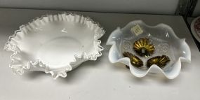 White Fenton Glass Bowl and Opalescent Footed Bowl