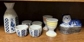 OMC Japan Porcelain Tea Set, Egg Coddlers, and Trinket Cat Box
