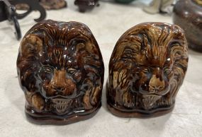 Pair of Brown Glazed Lion Head Ceramics
