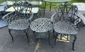 Metal Ornate Pair of Chairs and Side Table
