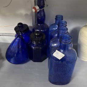 Cobalt Blue Medicine Bottles, Decanter, and Canisters