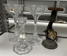 Set of Glass Candle Holders and Lion Candle Holder