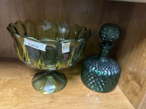 MCM Anchor Hocking Avocado Compote and Empoli Blue Decanter