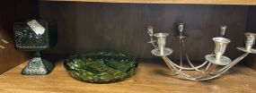 Indiana Glass Candy Dish, Green Indiana Glass Divided Dish, Silver Plate Candelabra