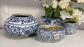 Assortment Blue and White Ceramic Vases and Planters