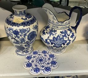 Blue and white Ceramic Trivet, Pitcher, Vase