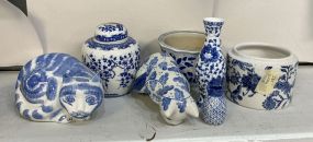 Blue and White Ceramic Cats, Vases, and Planter