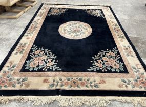 8'5 x 11'7 Chinese Black Oriental Area Rug With Botanical Cream Border