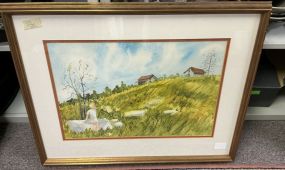 20h 26w Signed1980 Watercolor of Girl in Field Landscape