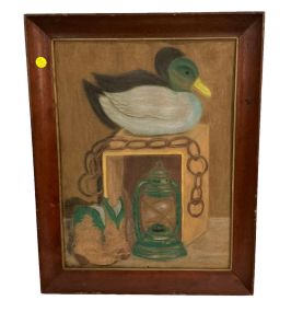 Signed 1966 Duck Decoy Pastel Painting