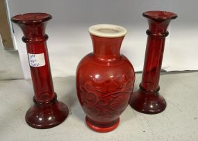 2pc Ruby red glass candlesticks 7
