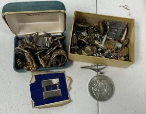 Group of Collectible Military Buttons, Cuff Links, and 1954 Class Ring