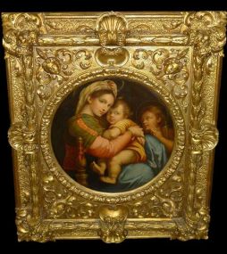Oil on canvas of Madonna and child in gold frame