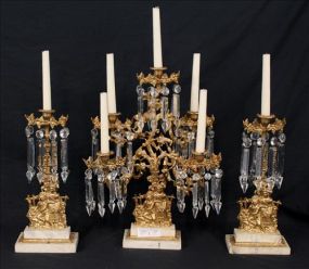 Victorian brass and marble 3 pc Girandole set