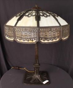 Bronze lamp with slag glass shade, 31 in. T.