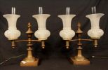 Pair early brass double arm astral lamps