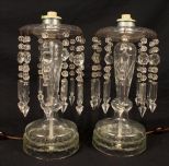Pair of crystal hurricane lamps with prisms