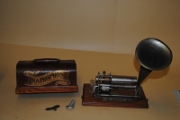 COLUMBIA THE GRAPHOPHONE with horn, reproducer and key in original oak case; last patented 1897