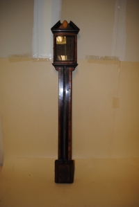 MERCURY STICK BAROMETER; by N. Brough; mahogany frame with satin wood inlay, paper label attached to reverse