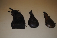 THREE SHOT FLASKS; One military pewter and wood flask, 17th Cent.; along with one copper and one leather, mid-19th-cent.