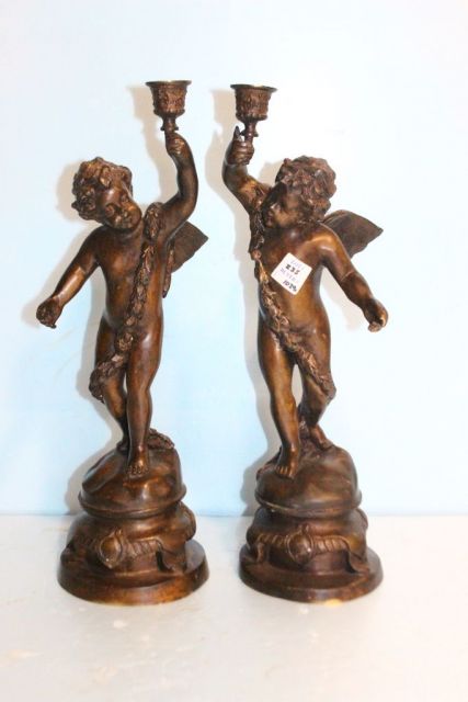 Pair Bronze Cherub Candlesticks