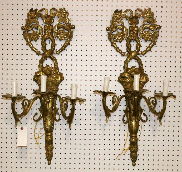 Pair Brass Three Light Wall Sconces