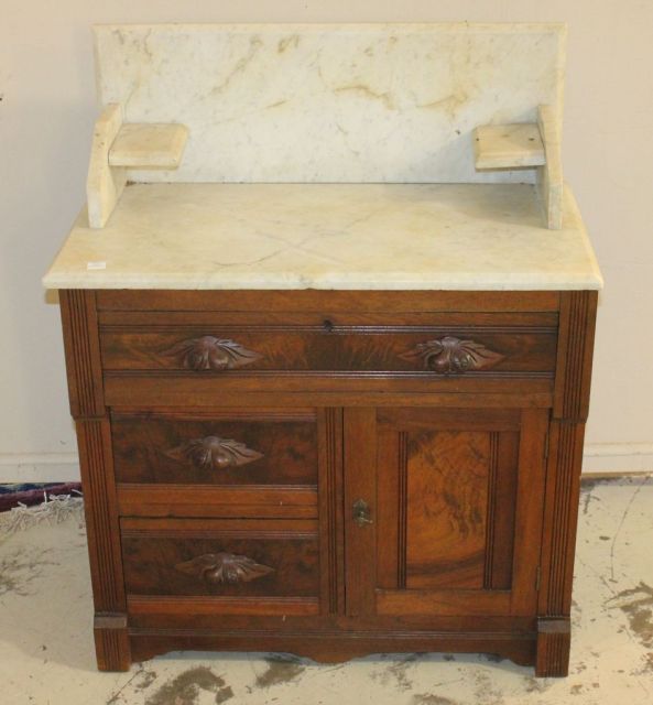 Walnut Eastlake Marble Top Washstand with Candlestands